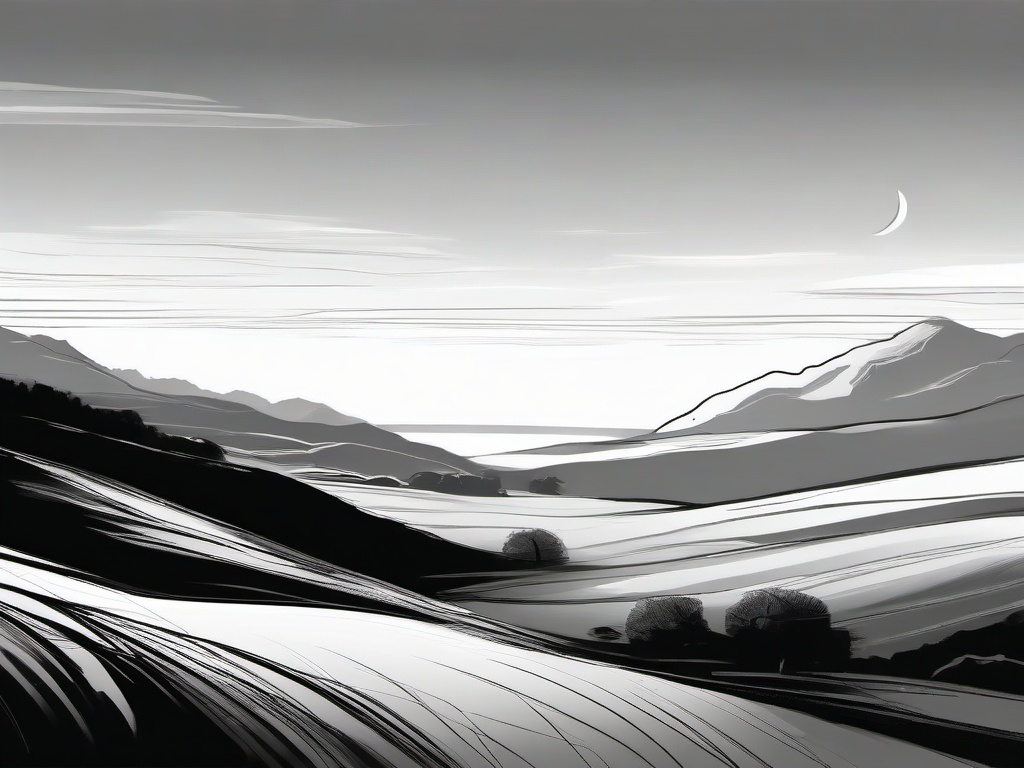 drawing of a serene landscape  minimal rough sketch scribbles,doodles,black and white