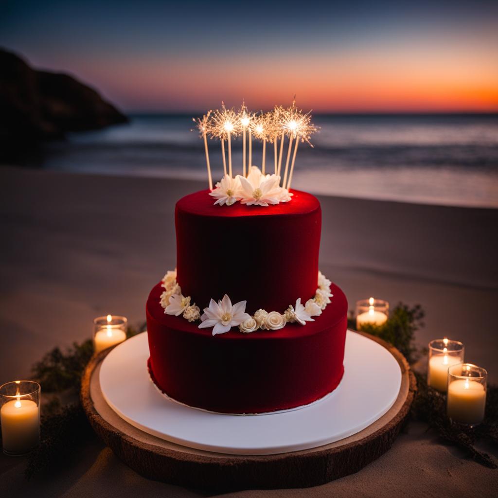 wedding red velvet cake by the moonlit beach: imagine a red velvet wedding cake with cream cheese frosting, positioned on a sandy shore under a starry night sky. 