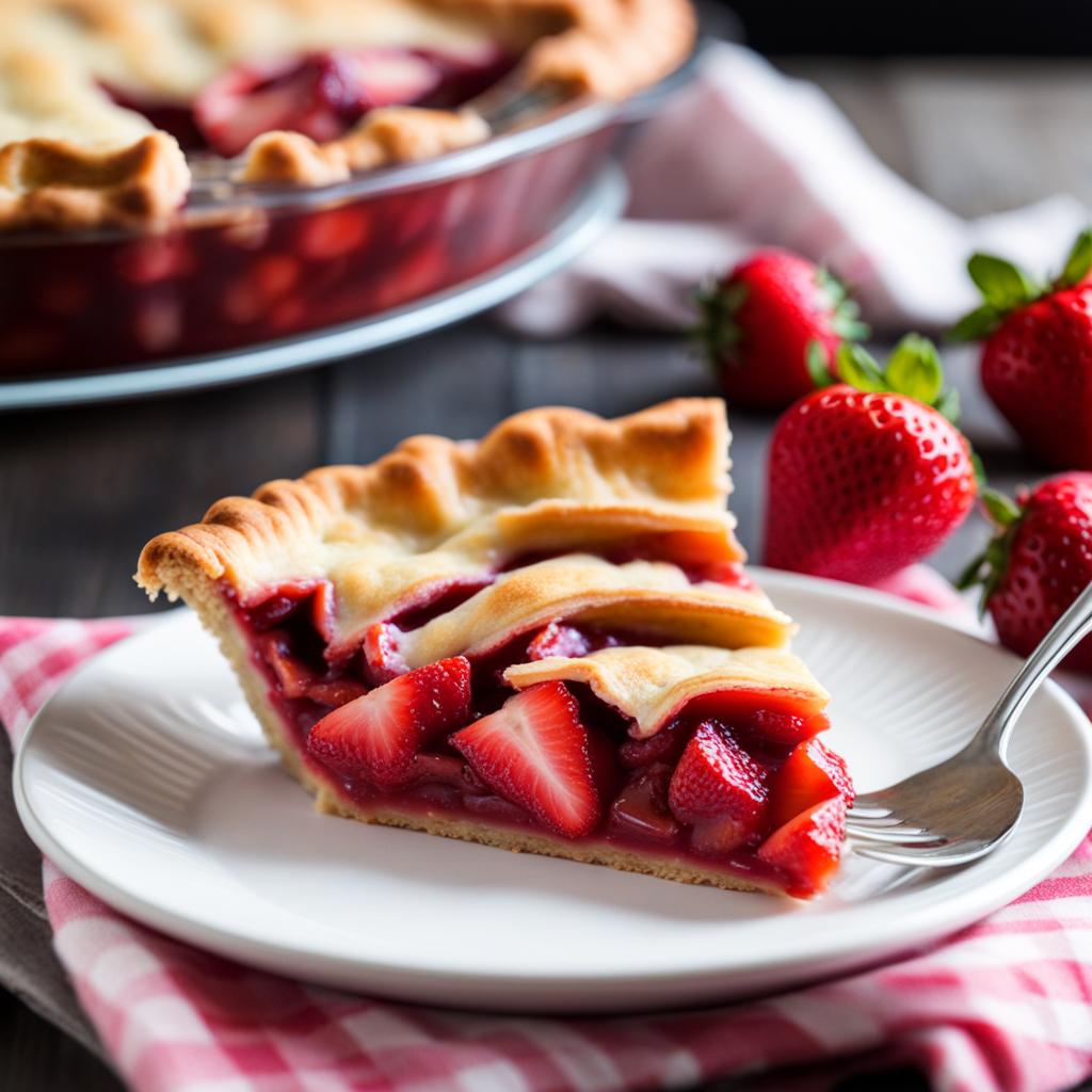 a slice of classic strawberry rhubarb pie, with a flaky pastry crust and a sweet-tart filling. 