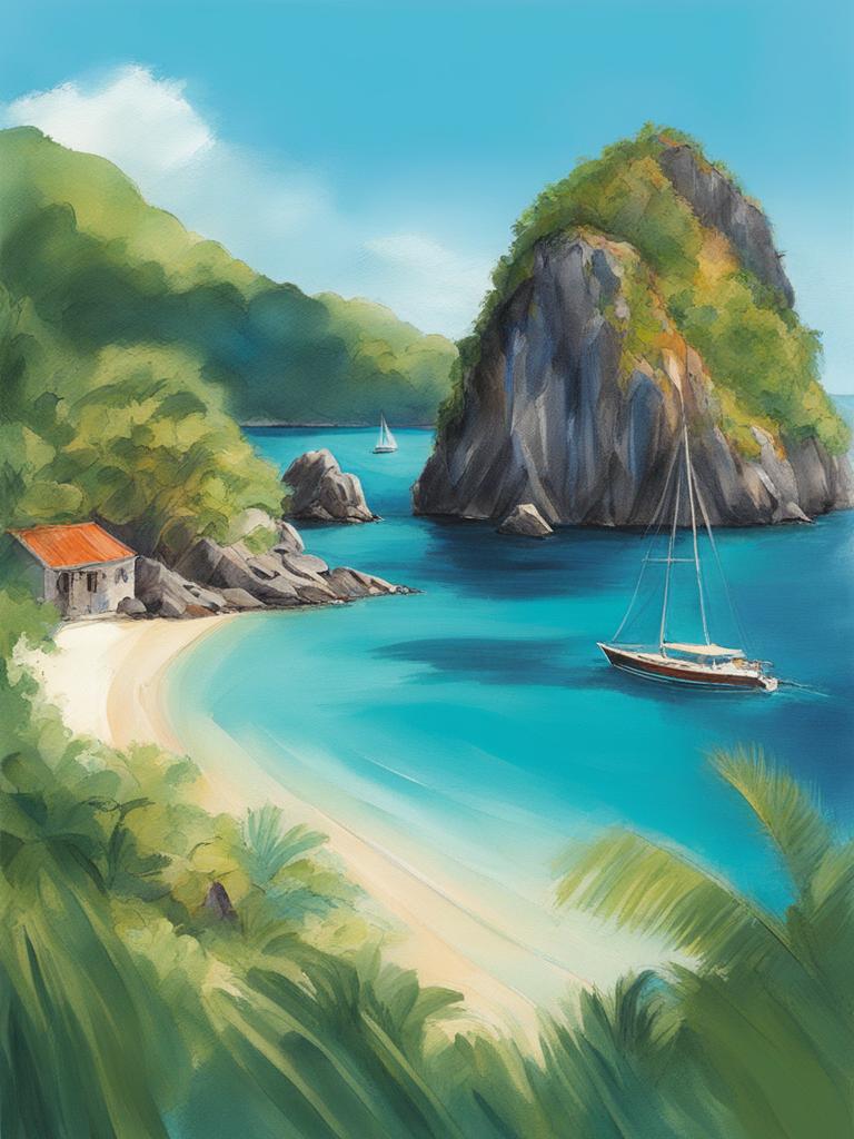 exotic les saintes archipelago - sketch the exotic landscapes of the les saintes archipelago in the caribbean, featuring rugged cliffs and turquoise waters. 