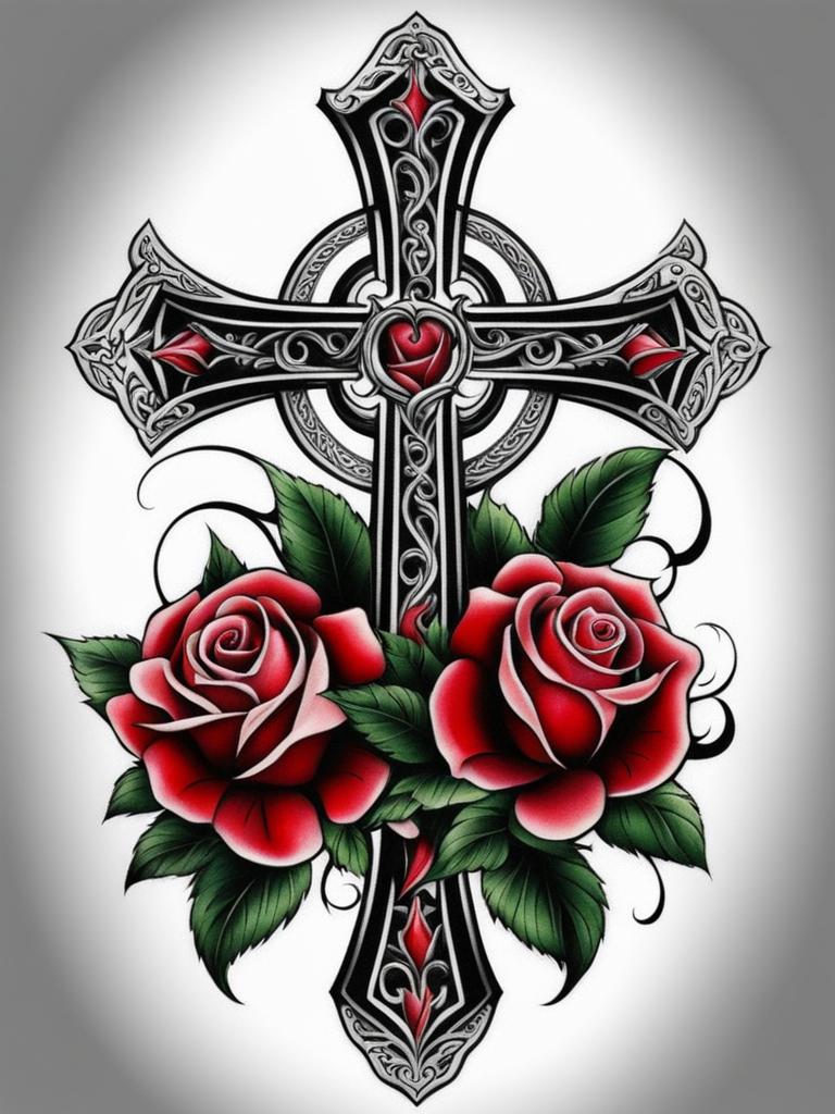 Cross with roses tattoo, Tattoos that blend the symbolism of crosses and roses. , color tattoo design, clean white background