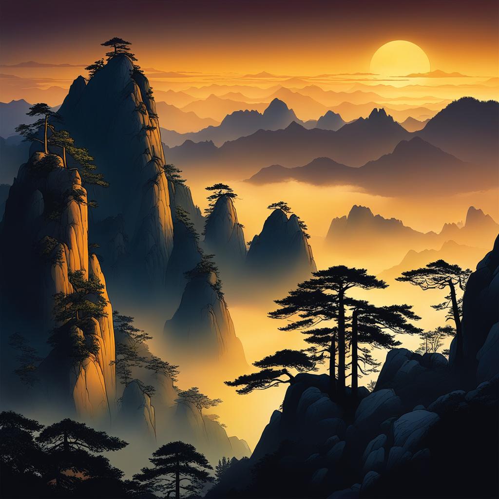 huangshan - illustrate the dreamlike night view of huangshan, or yellow mountain, with its iconic granite peaks, twisted pines, and sea of clouds 