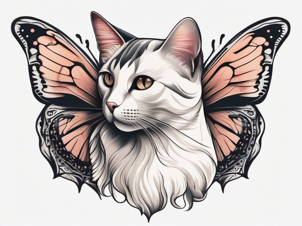 Cat and Butterfly Tattoo - Tattoo featuring a cat with butterfly motifs.  minimal color tattoo, white background