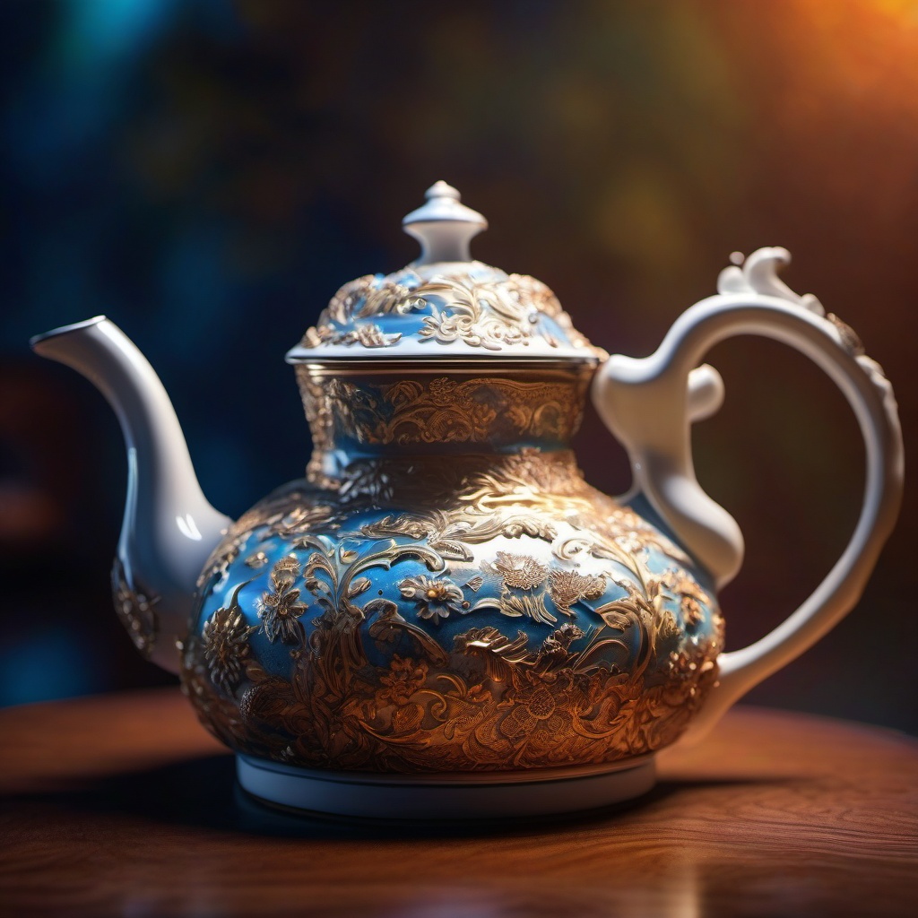 Antique Teapot - An antique teapot with a delicate porcelain design hyperrealistic, intricately detailed, color depth,splash art, concept art, mid shot, sharp focus, dramatic, 2/3 face angle, side light, colorful background