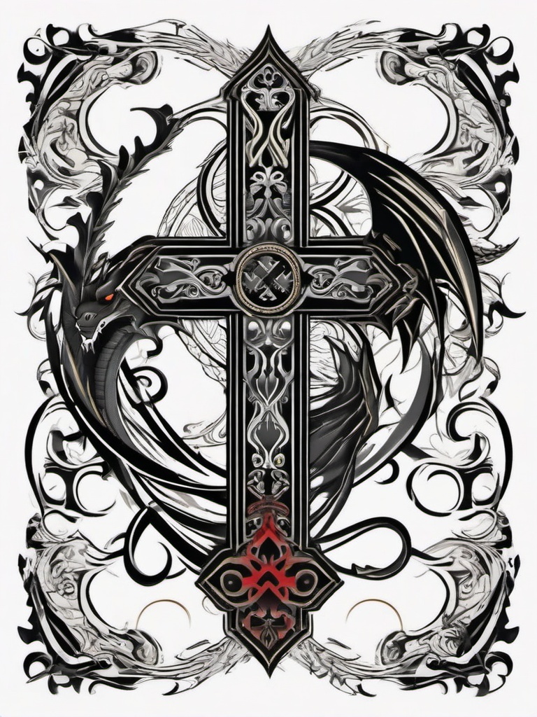 Cross and Dragon Tattoo - Fusion of a cross and dragon in a unique tattoo design.  simple color tattoo,minimalist,white background