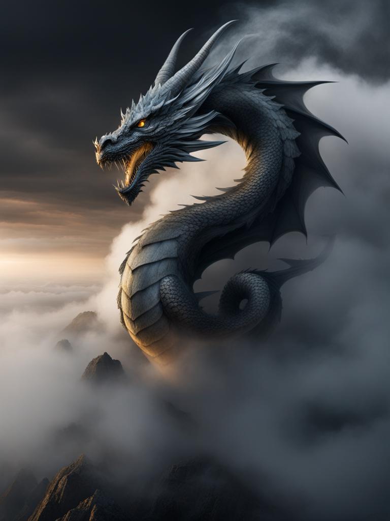 smoke dragon enveloped in billowing smoke and fog, its presence shrouded in mystery and illusion. 