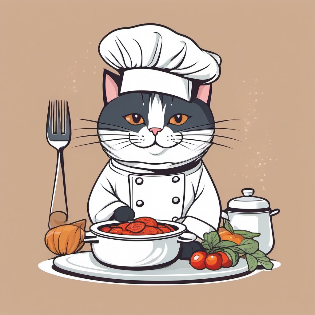 Cat dressed as a chef, preparing a gourmet meal  minimalist design, white background, t shirt vector art