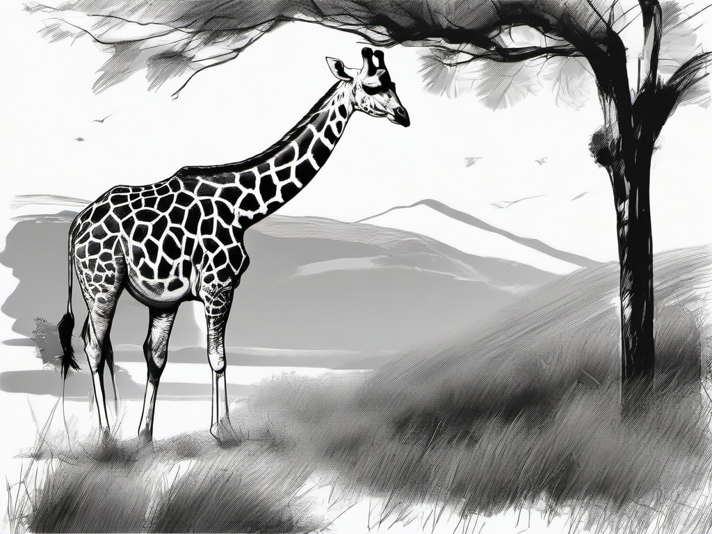 drawing of a giraffe in the wild  minimal rough sketch scribbles,doodles,black and white