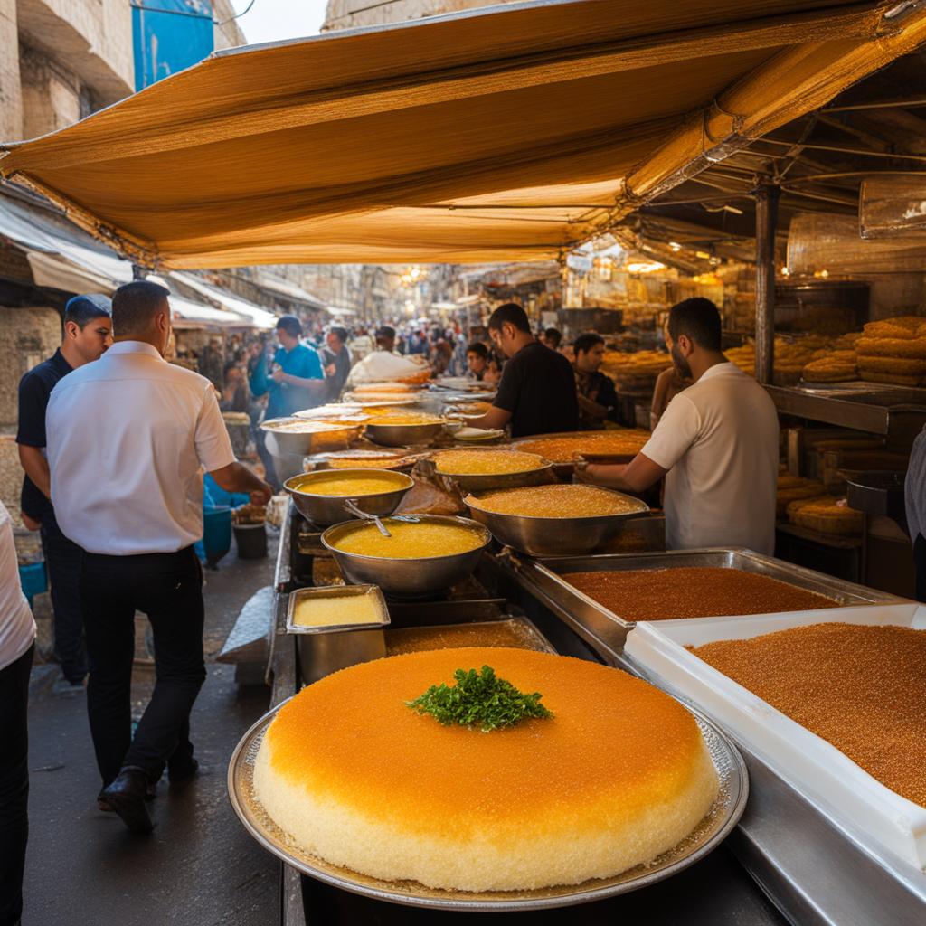 knafeh, a middle eastern dessert, served in a bustling market in the heart of jerusalem. 