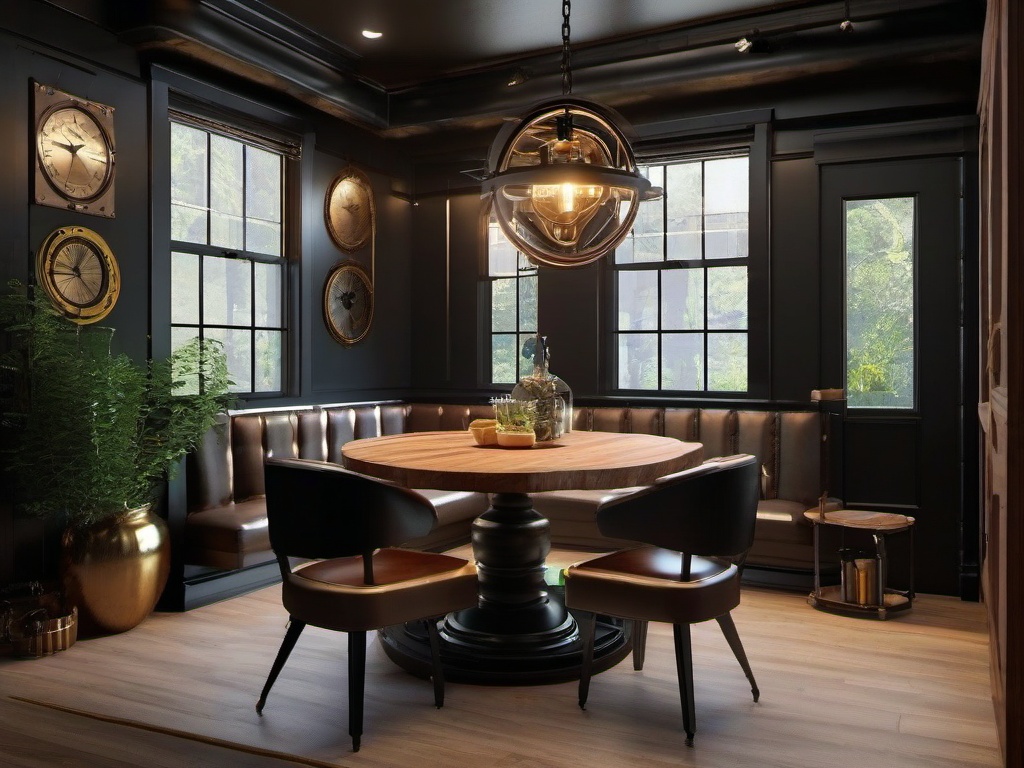 The dining nook features steampunk interior design with a round table, mismatched chairs, and industrial lighting that create an intimate and stylish space for meals.  