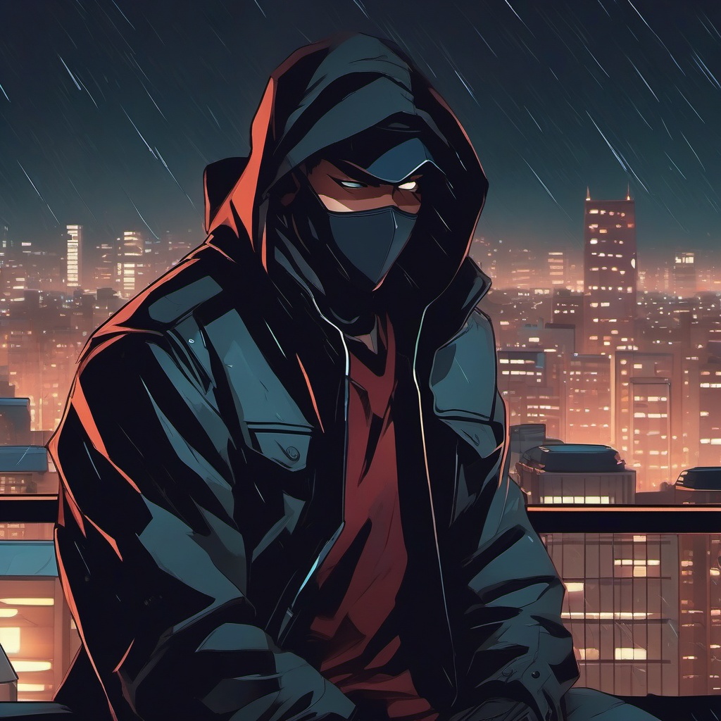 Enigmatic masked vigilante, perched on a rainy city rooftop, ready to thwart villains and protect the innocent.  front facing ,centered portrait shot, cute anime color style, pfp, full face visible