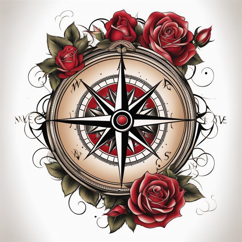 Compass and rose tattoo, Tattoos featuring a combination of a compass design and roses.  color, tattoo patterns, white clean background