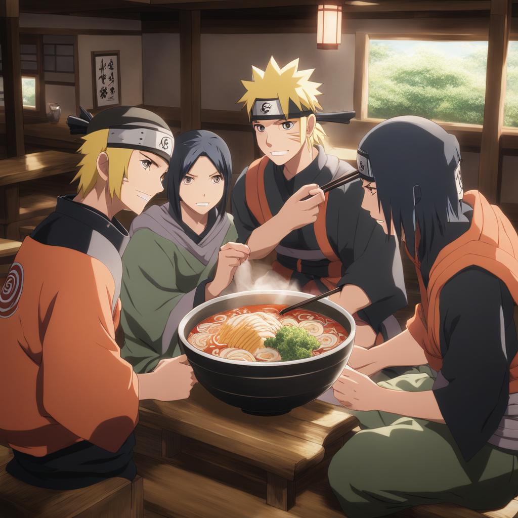 naruto shares a bowl of ramen with his friends at ichiraku ramen in the hidden leaf village. 