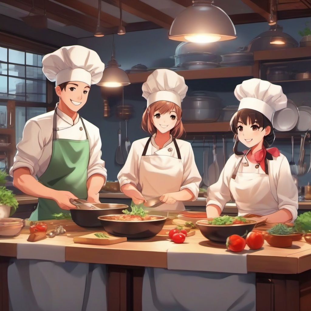 Adorable anime chef and creative chef buddy, wearing chef's hats and aprons, joyfully preparing a delectable feast in a bustling kitchen, as a matching pfp for friends. wide shot, cool anime color style