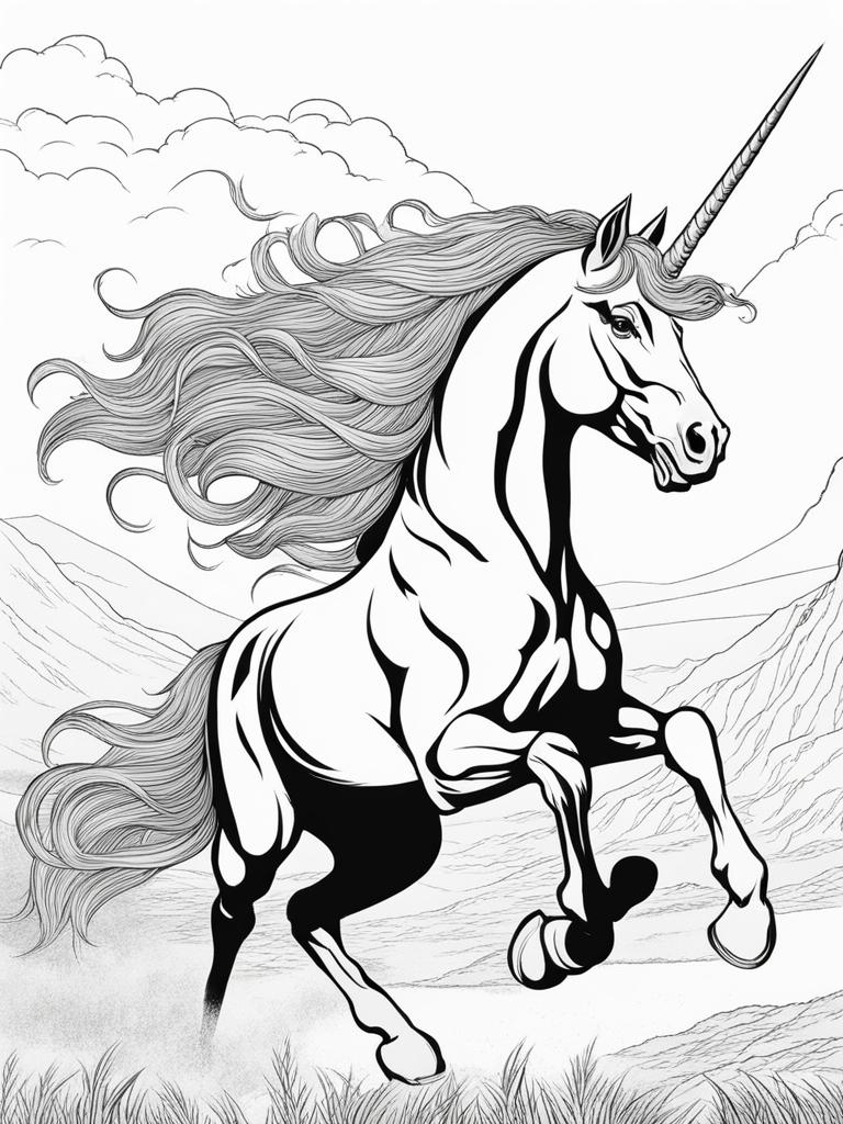 unicorn coloring pages - valiant unicorn leading a charge of mythical creatures, their hooves thundering across a battlefield. 