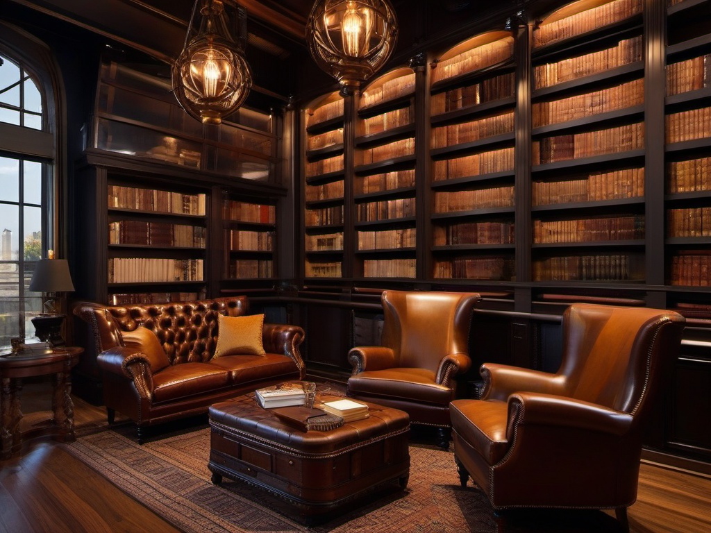 In the library room, steampunk interior design incorporates wooden bookshelves, leather seating, and vintage lamps that inspire reading and relaxation in a cozy setting.  