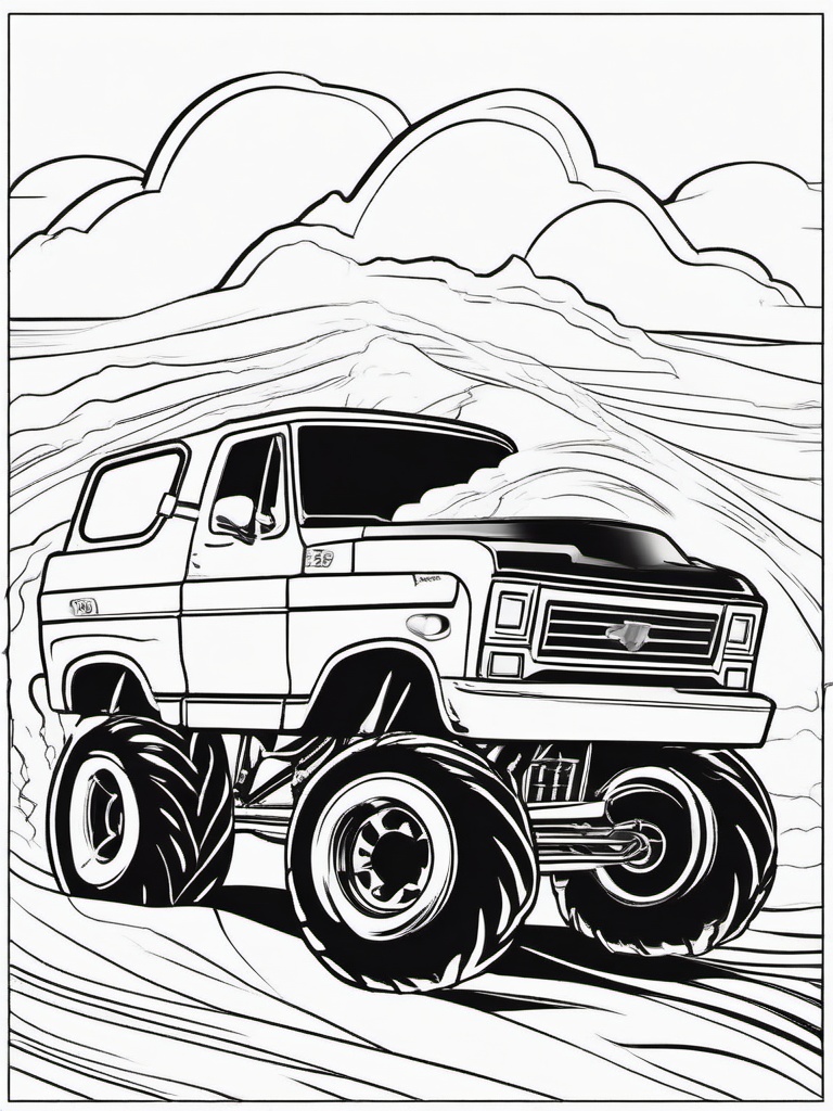 Monster Truck in Thunderstorm Coloring Pages - Trucks Racing in Stormy Weather  minimal black outline printable sheet, coloring page