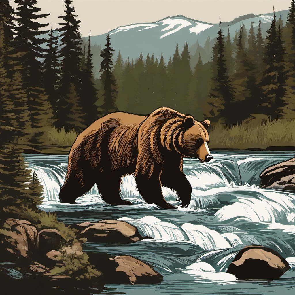 Bear clipart - grizzly bear fishing in a river  