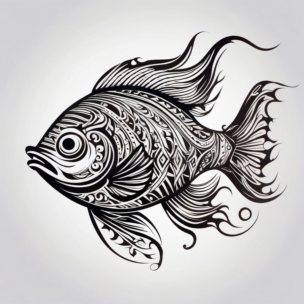 Tribal Fish Tattoo,a tribal-style fish tattoo, representing the enduring connection between nature and culture. , color tattoo design, white clean background