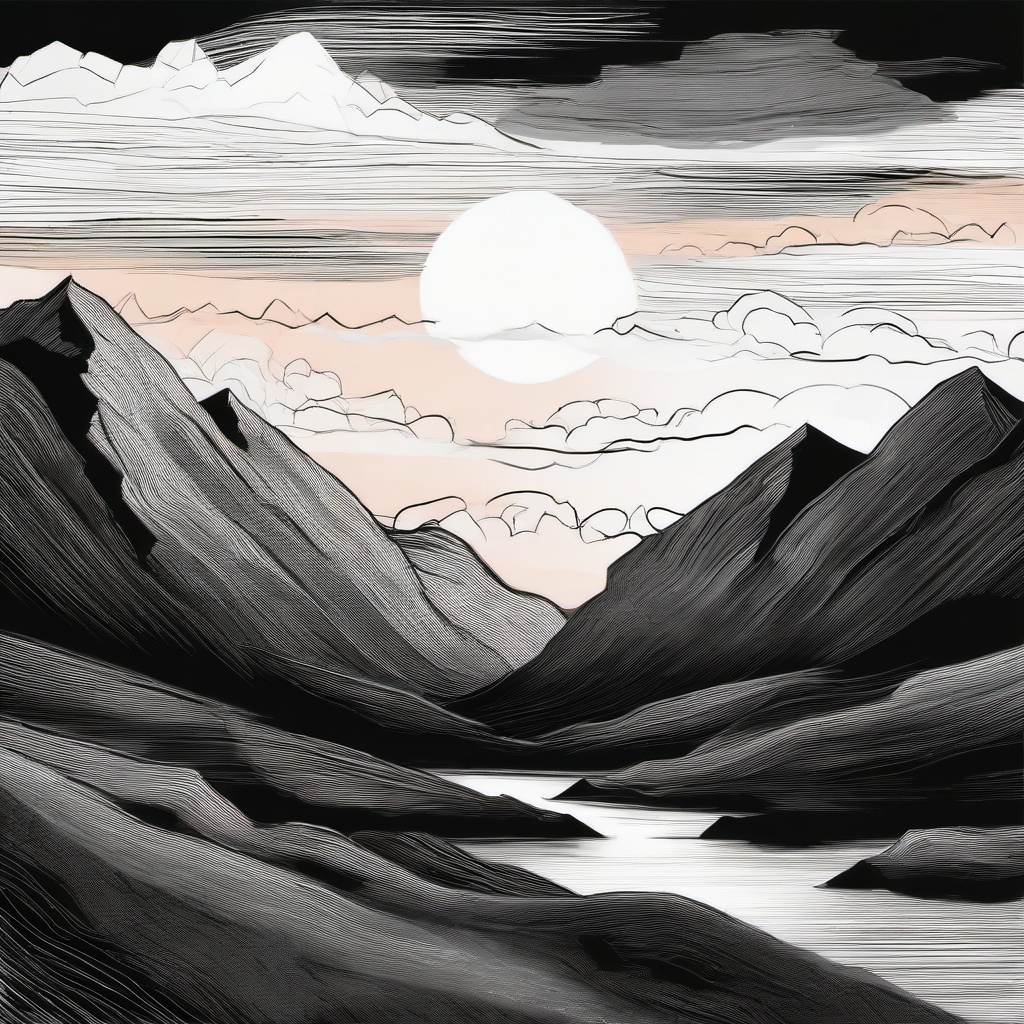 drawing of a sunset with mountains and clouds  minimal rough sketch scribbles,doodles,black and white