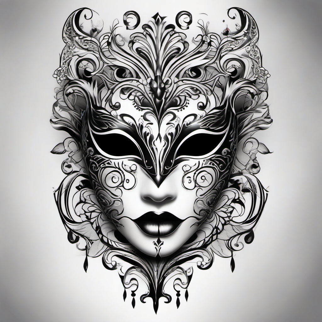 An enchanted mask conceals, leaving a masked mark tattoo.  black and white tattoo style