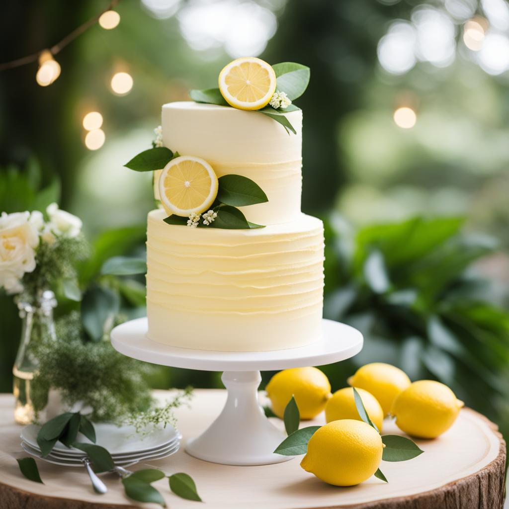 wedding lemon cake in a garden oasis: envision a lemon wedding cake surrounded by lush greenery, nestled in a botanical garden filled with twinkling fairy lights. 