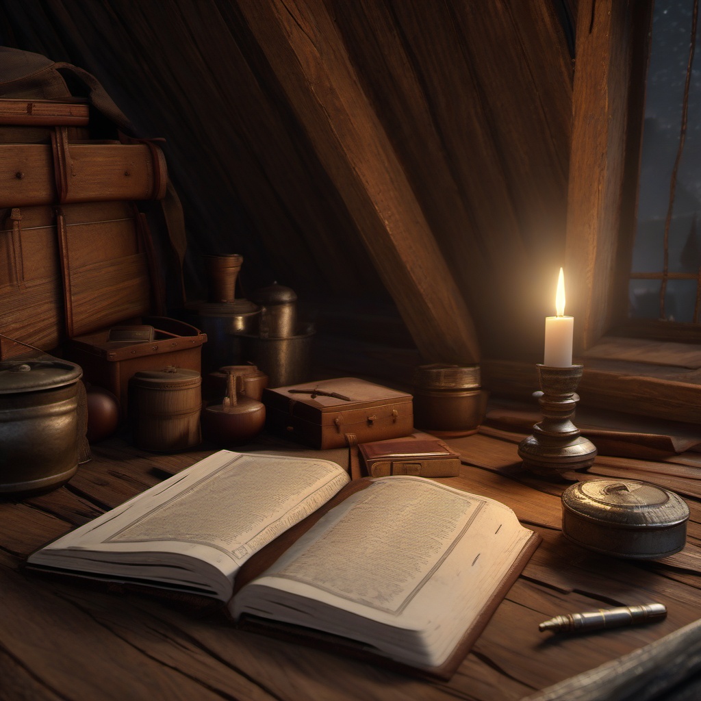 In a forgotten attic, a weathered journal reveals the forgotten tales of a past adventurer.  8k, hyper realistic, cinematic