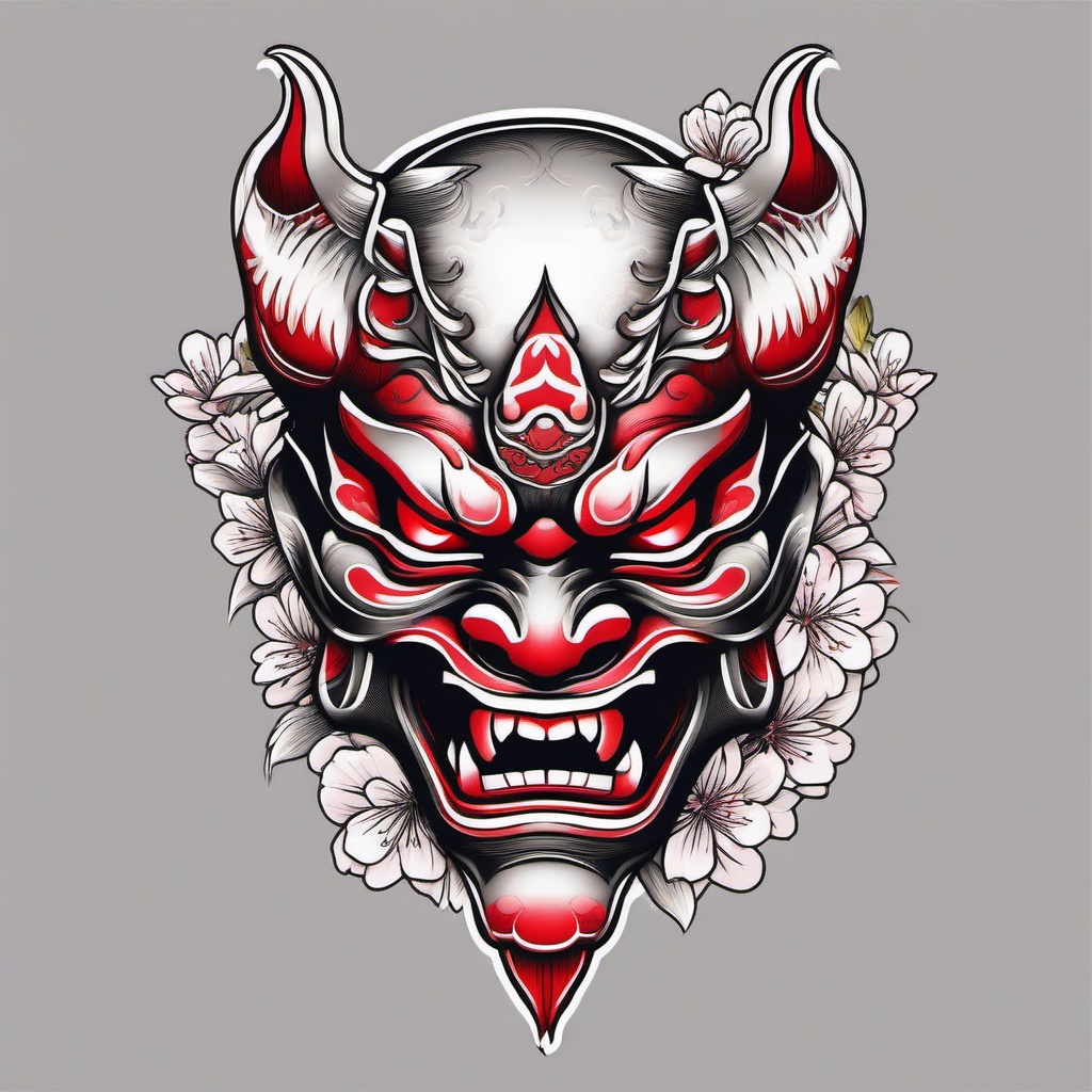 oni mask with cherry blossom tattoo  simple color tattoo,white background,minimal