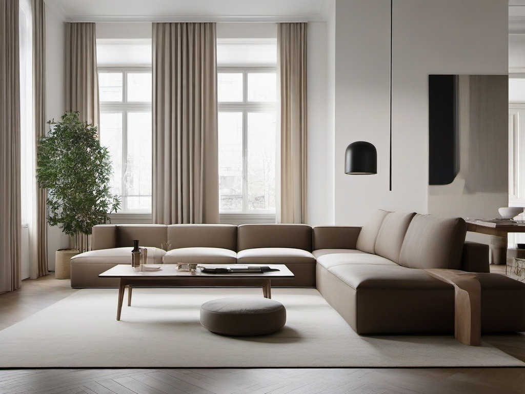 Bauhaus interior design in the living room features minimalist furniture, clean lines, and a neutral color palette that creates a harmonious and open atmosphere.  