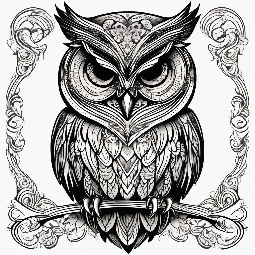 Detailed Owl Tattoo - Embrace intricate artistry with a detailed and finely crafted owl-themed tattoo.  simple color tattoo,vector style,white background