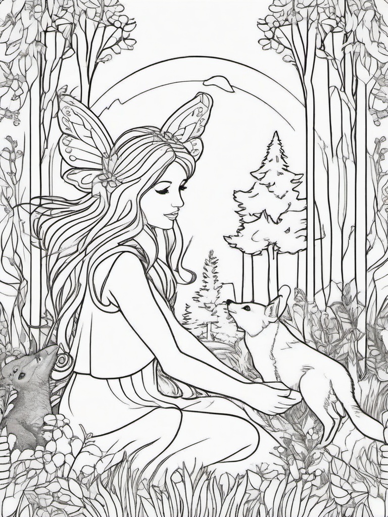 Fairy and Forest Animals Coloring Pages - Fairy Playing with Friendly Forest Creatures  minimal black outline printable sheet, coloring page