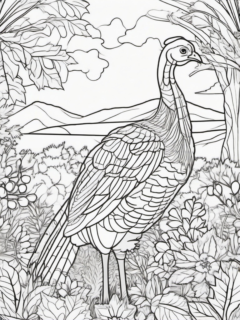 Turkey in the Garden Coloring Pages - Turkey Exploring a Festive Garden  minimal black outline printable sheet, coloring page