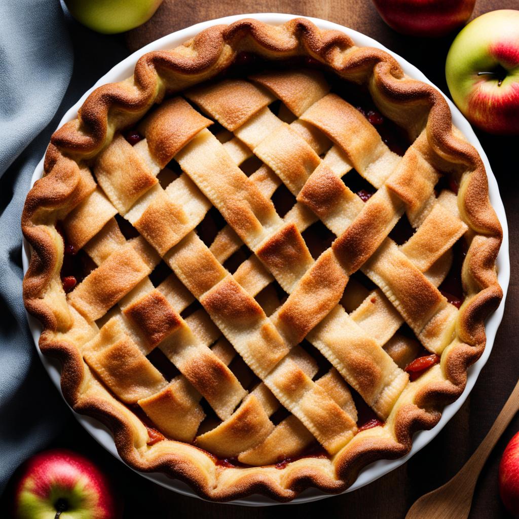 a classic apple pie, bursting with tender, cinnamon-spiced apples beneath a golden crust. 