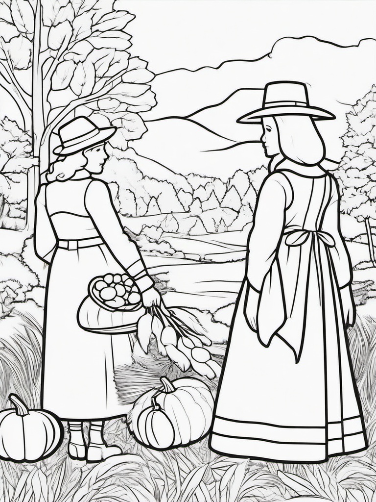 Turkey and Pilgrim Coloring Pages - Classic Thanksgiving Scene with Pilgrims  minimal black outline printable sheet, coloring page