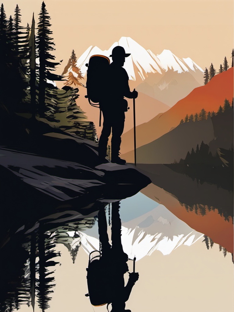 Hiker's Mountain Reflection clipart - A reflective moment in the mountains, ,vector color clipart,minimal