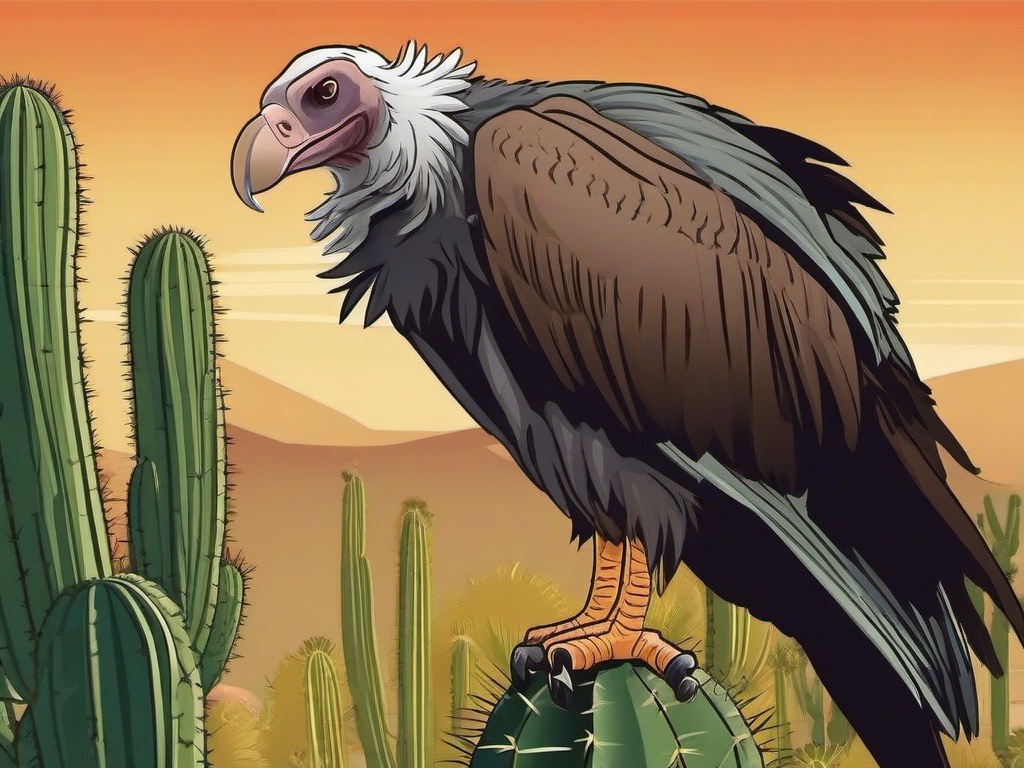 Vulture Cartoon - Cartoon of vulture perched on cactus  