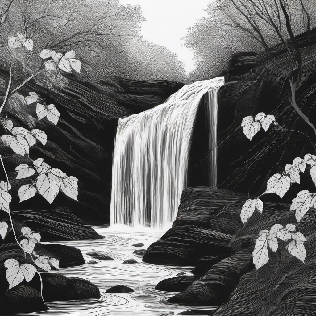 drawing of a vine trailing down a waterfall  minimal rough sketch scribbles,doodles,black and white