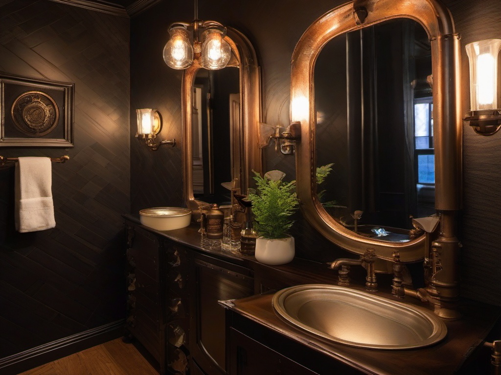 In the powder room, steampunk interior design includes vintage fixtures, industrial elements, and whimsical decor that transform a small space into a charming and stylish experience.  