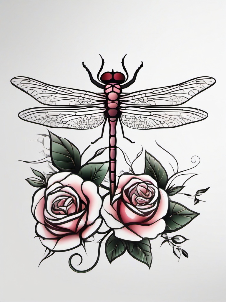 Dragonfly Rose Tattoo - Tattoo featuring both a dragonfly and a rose in the design.  simple color tattoo,minimalist,white background