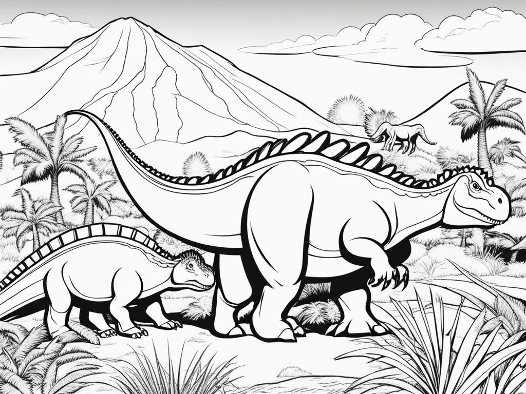 dinosaur coloring pages - a group of friendly dinosaurs roam a prehistoric landscape. 