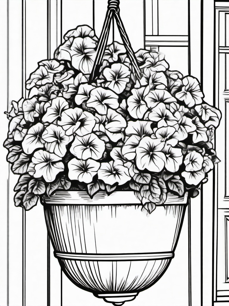 Petunia coloring page sheet - Petunias cascading from a hanging basket on a sunny porch.  black outline printable coloring page