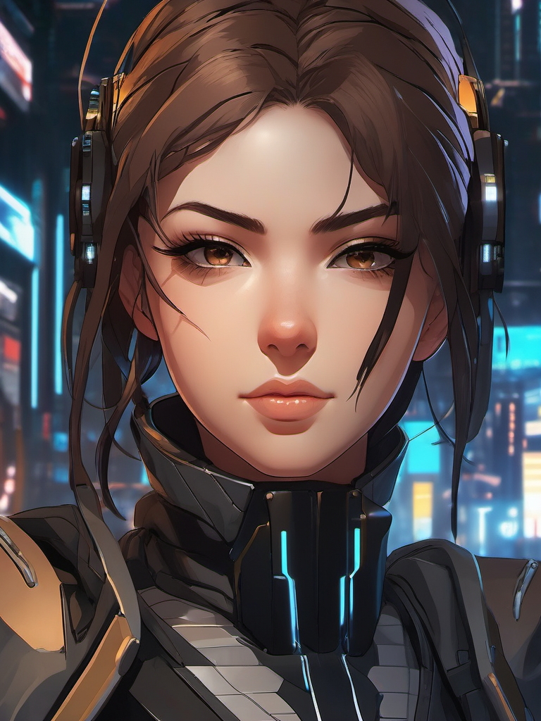 Front facing face, girl with brown hair, sharp eyes in a futuristic cyberpunk marketplace.  close shot of face, face front facing, profile picture pfp, anime style