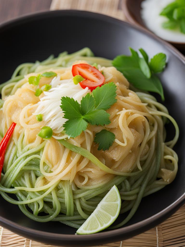 rice vermicelli with coconut milk (lod chong), sweet green noodles in coconut syrup. 