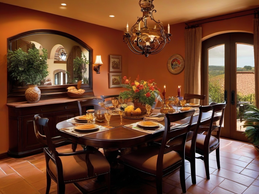 Tuscan dining room highlights warm wood furniture, terracotta tiles, and family-style seating to create an inviting atmosphere for meals.  