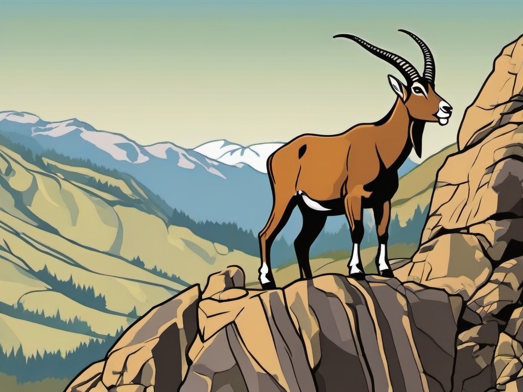 Ibex Cartoon - Cartoon of ibex on a rocky mountain ledge  