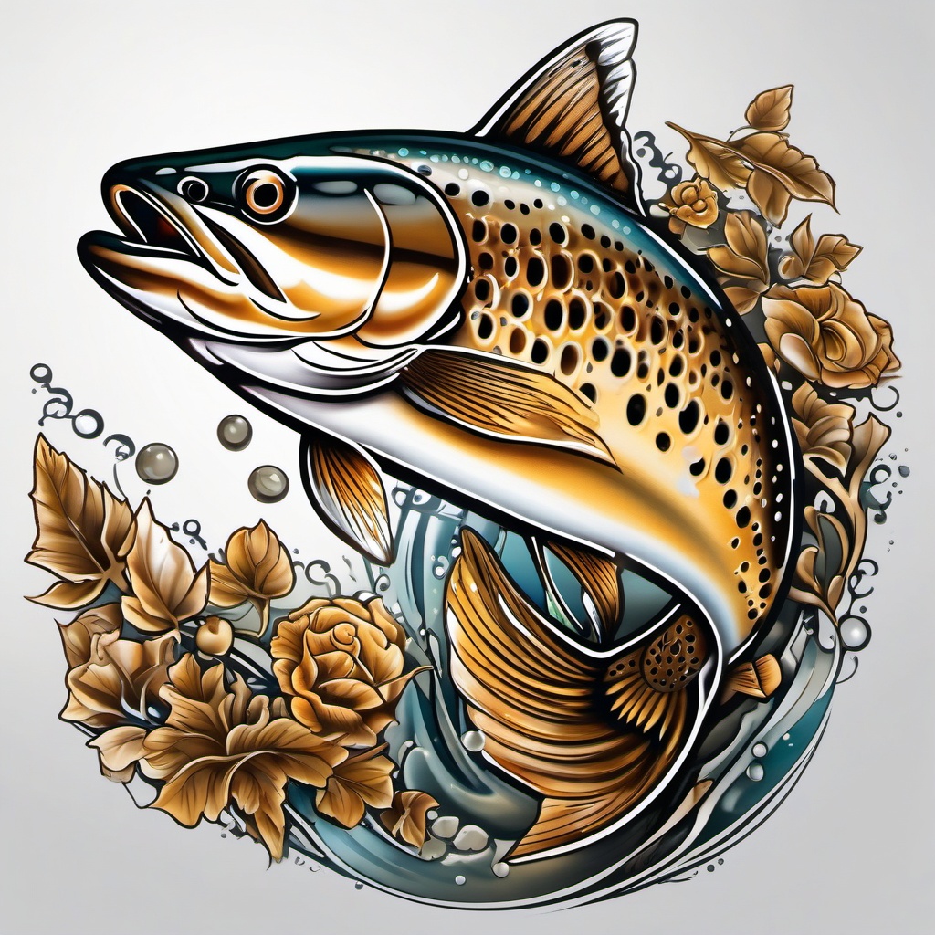 Brown Trout Tattoo,a tribute to the majestic brown trout, capturing the allure of freshwater angling. , tattoo design, white clean background