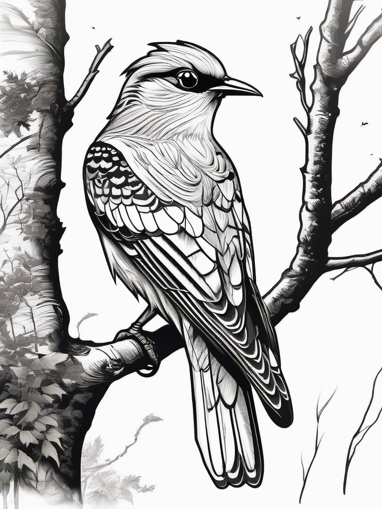 Cuckoo Tattoo - Cuckoo calling from a hidden perch in the woods  few color tattoo design, simple line art, design clean white background