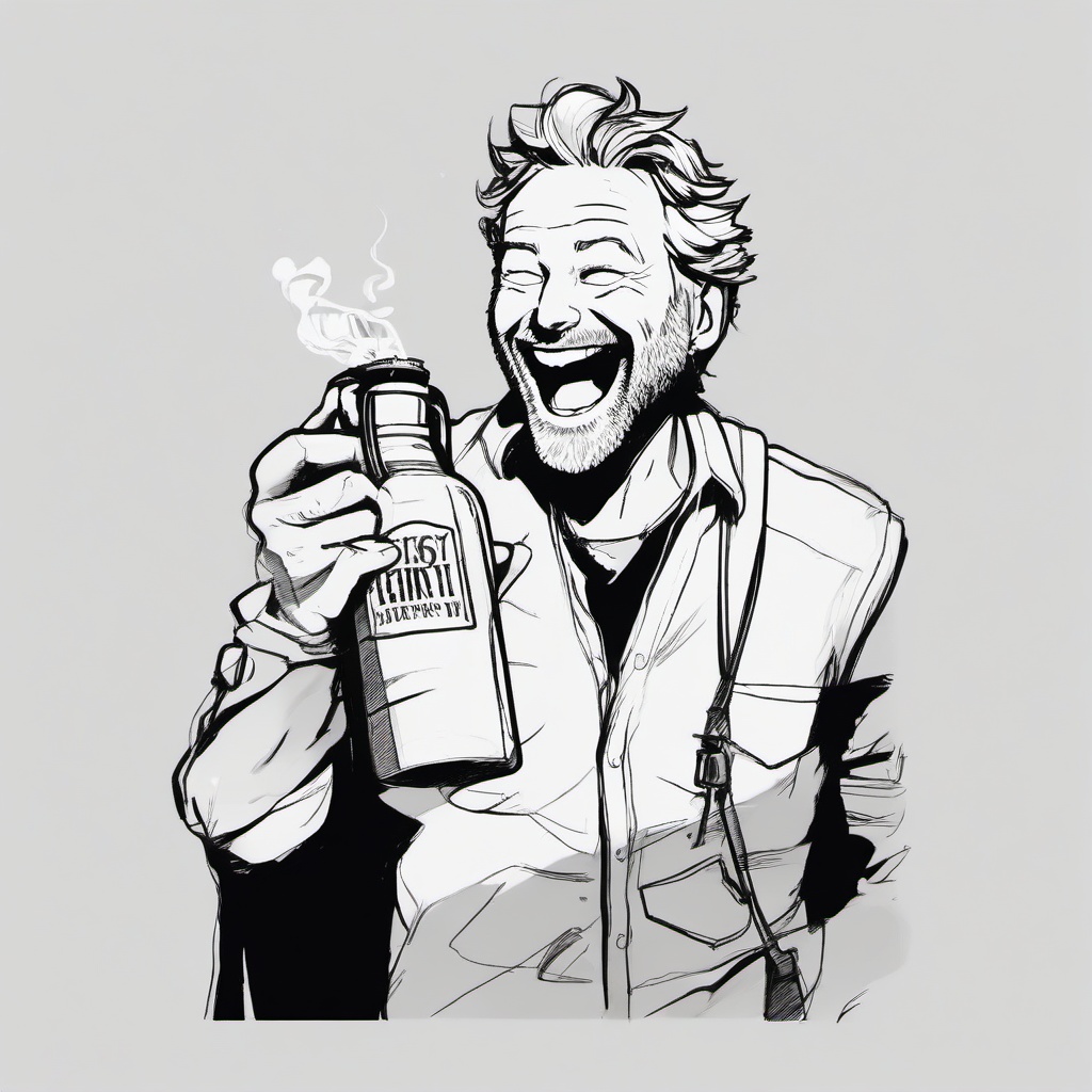 drawing of Rick holding a flask and laughing  minimal rough sketch scribbles,doodles,black and white