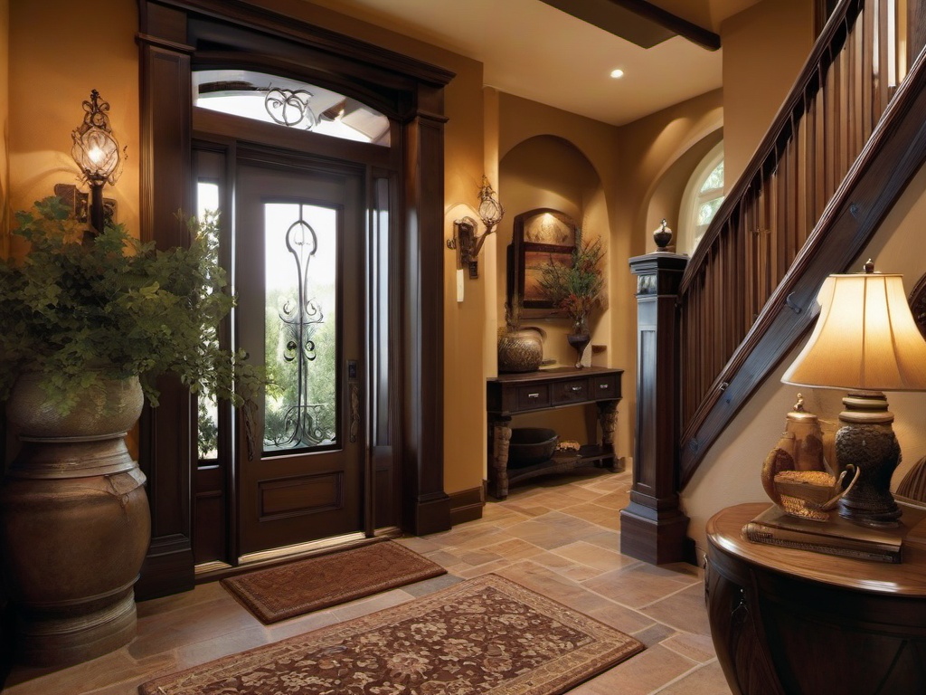 Tuscan entryway showcases warm earth tones, rustic wood furniture, and decorative accents that evoke the charm of an Italian villa at the entrance.  