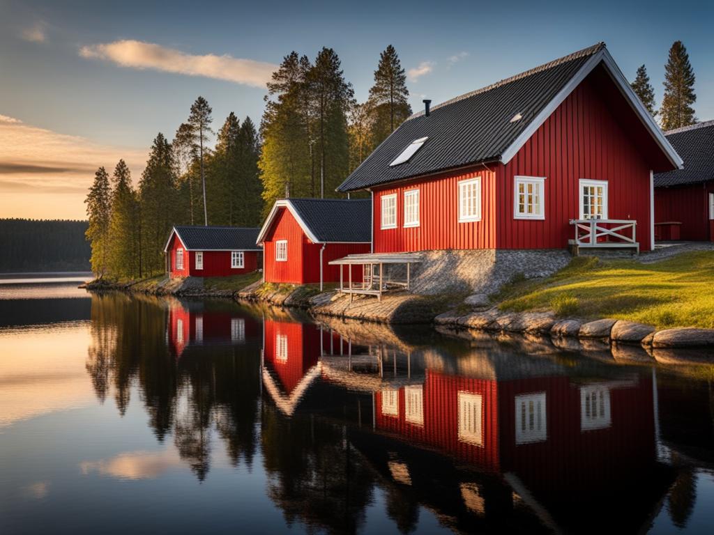 swedish cottages, with red wooden facades, nestle by serene lakes in sweden. 